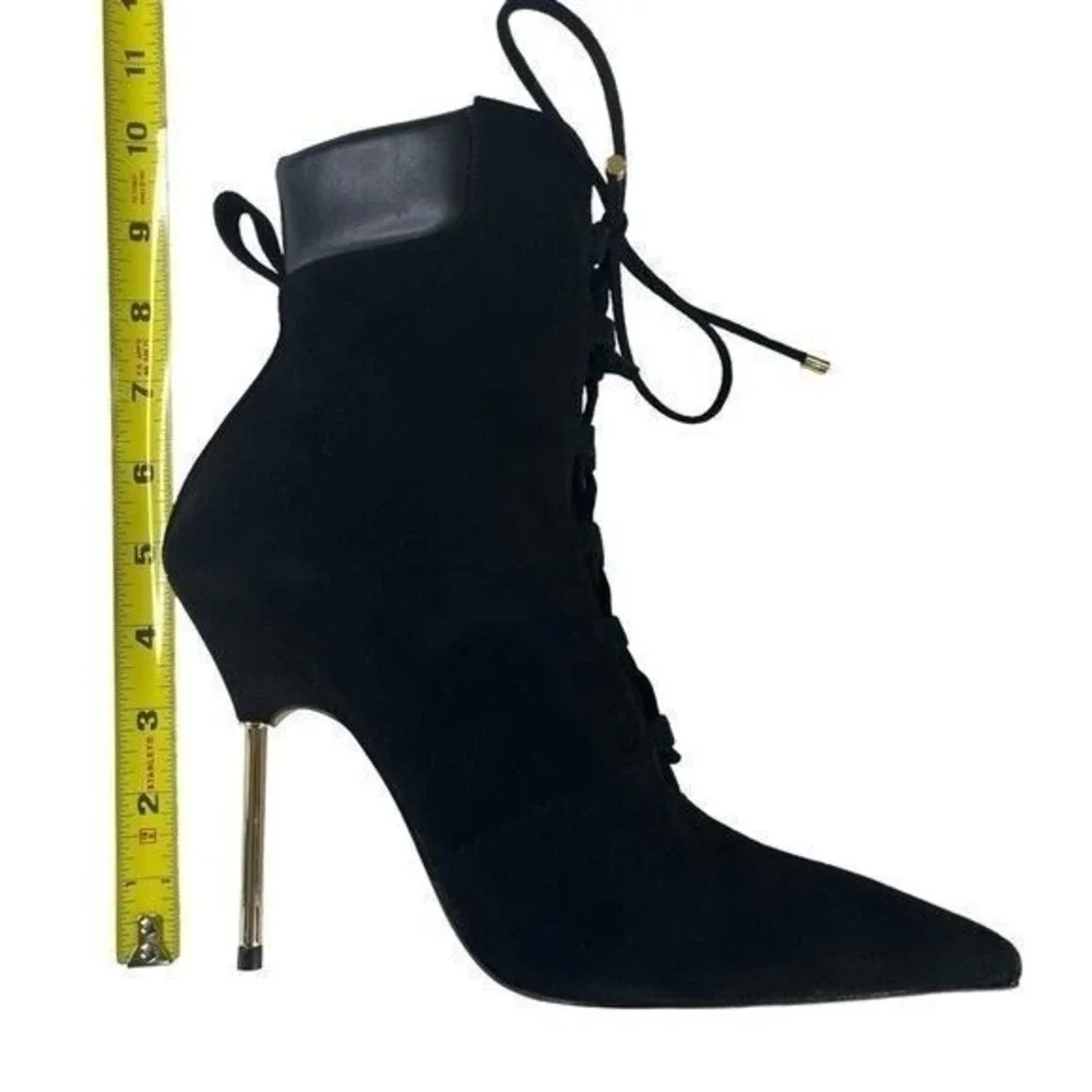 Good American Women 7 Black Suede Lace-Up Stiletto Ankle Bootie Modern Goth Chic